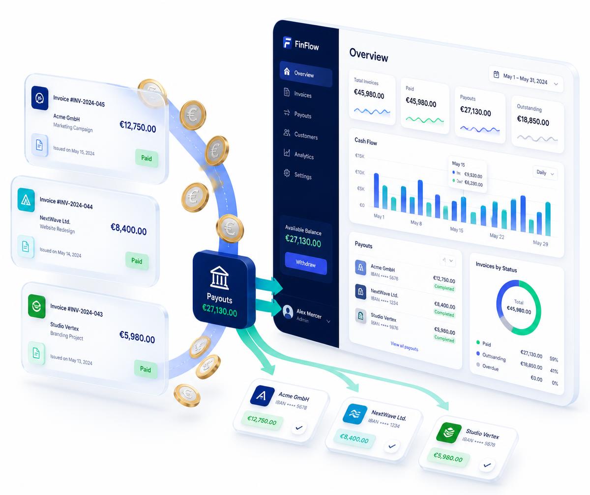 Illustration: offene Rechnungen, Geldfluss und Auszahlung in einem Finanz-Dashboard